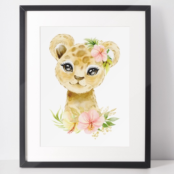 Cute Watercolor Floral Leopard Wall Art Print Poster Unframed - Picture 2 of 9